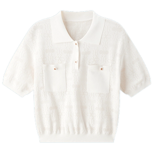 太平鸟小香风Polo领短袖针织衫女夏装品质高级感提花上衣