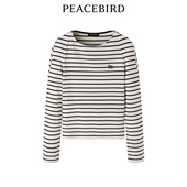 A1CPE1387 简洁圆领刺绣拼色条纹女T恤长袖 太平鸟女装 春季