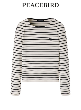 太平鸟女装春季简洁圆领刺绣拼色条纹女T恤长袖A1CPE1387