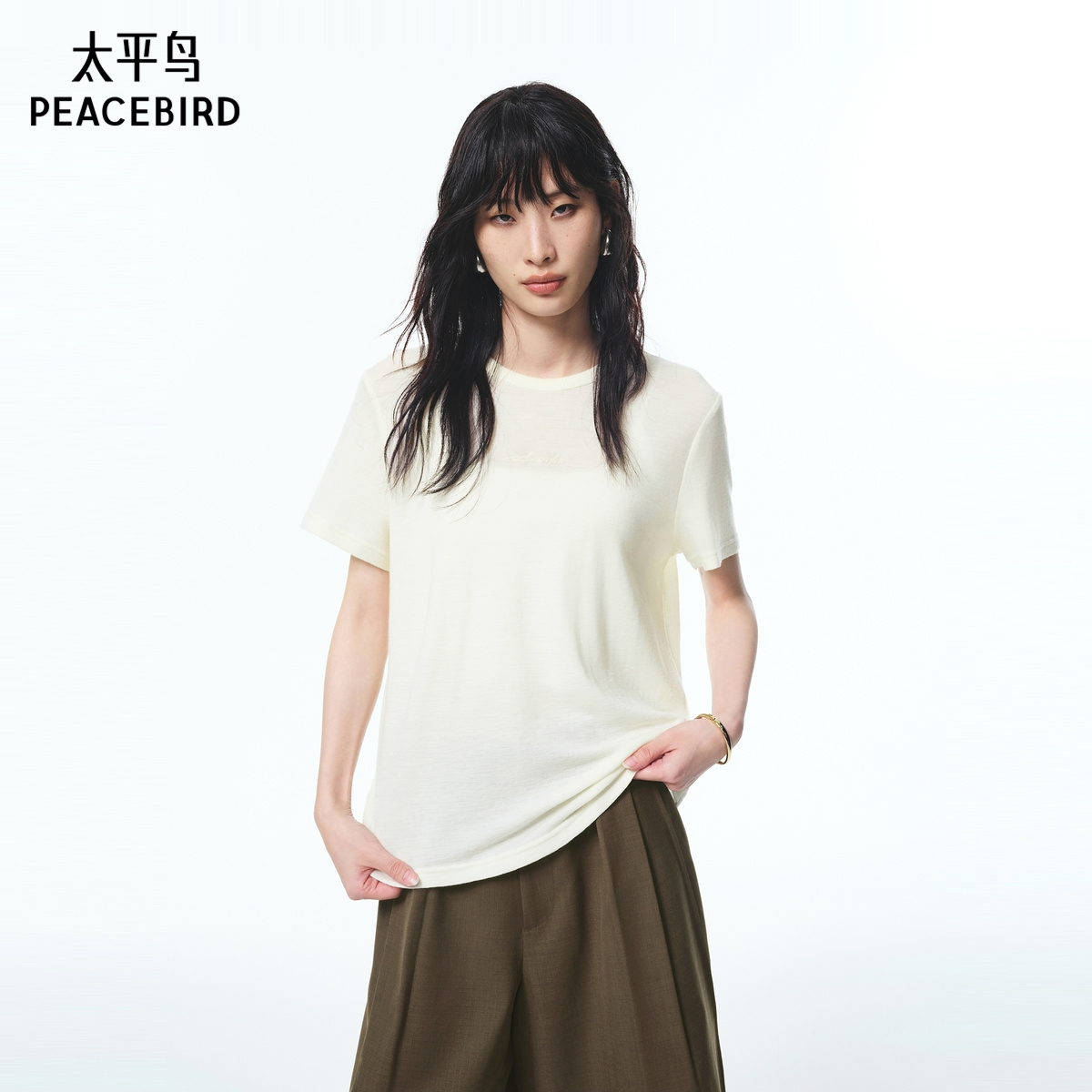 【商场同款】太平鸟 25秋季新款女士全羊毛短款短袖T恤A1CNF3359