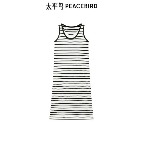 太平鸟女装黑白条纹背心连衣裙无袖直筒长裙A1FAF1428