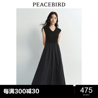 太平鸟女装气质拼接连衣裙夏新款V领洋气针织裙长款黑色法式裙子