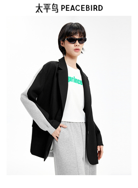 太平鸟女装字母印花拼接不规则领西服女A3BAE3363