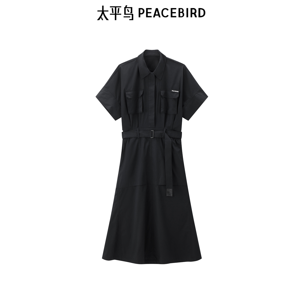 太平鸟翻领连衣裙直筒长款黑色衬衫裙假两件小黑裙收腰