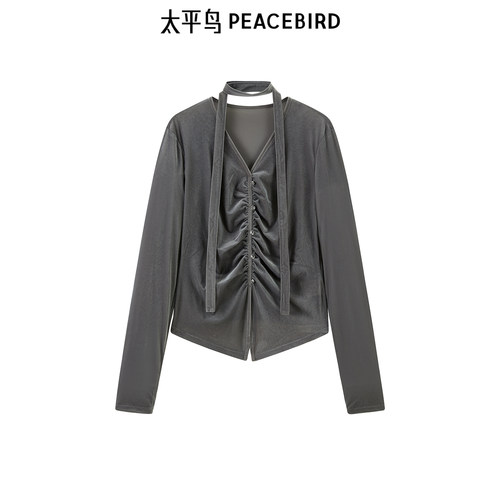 太平鸟女装秋季时尚休闲丝绒飘带上衣女衬衫A1CDE3550