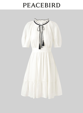 太平鸟女装夏季时尚绣花系带领插肩袖连衣裙A1FAD2G12