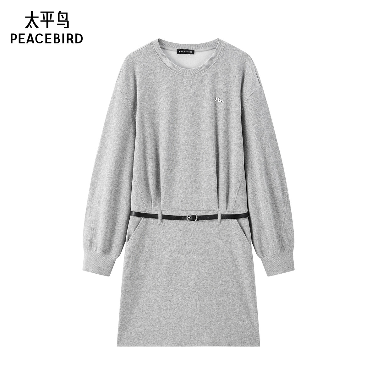 太平鸟灰色卫衣连衣裙女针织圆领通勤连身裙女A3FAF120T