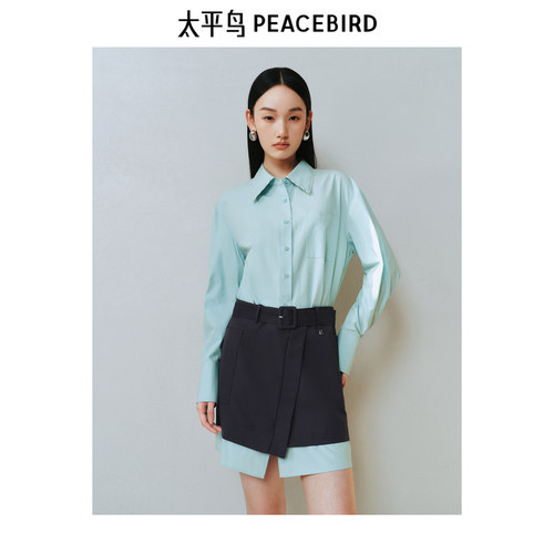太平鸟女装假两件衬衫裙叠穿感短款连衣裙A1FAF1330