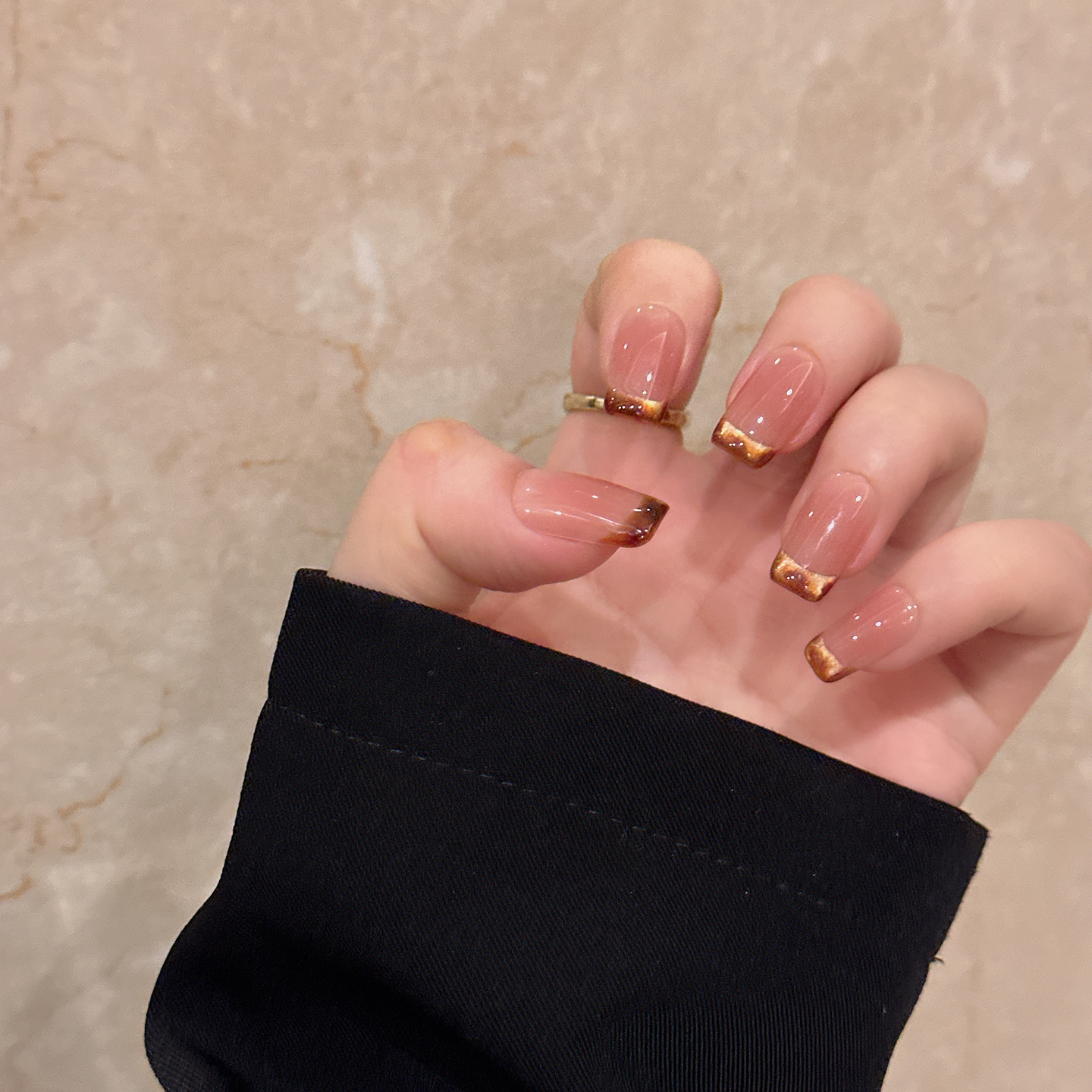 豹纹法式穿戴甲中长款日常简约显白美甲贴片纯手工孕妇光疗假指甲