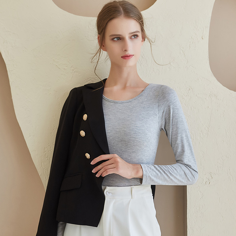 莫代尔带胸垫长袖保暖衣春秋薄美体内衣bra内穿秋衣上衣打底衫冬