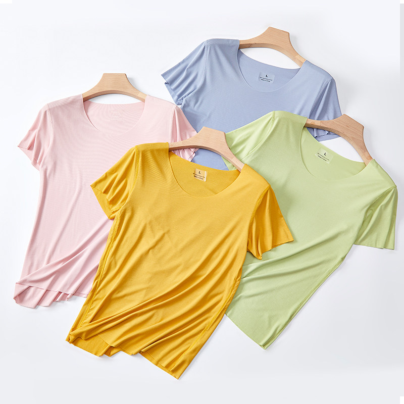 夏天无痕单件短袖上衣女莫代尔贴身薄睡衣内搭外穿纯色T恤居家服