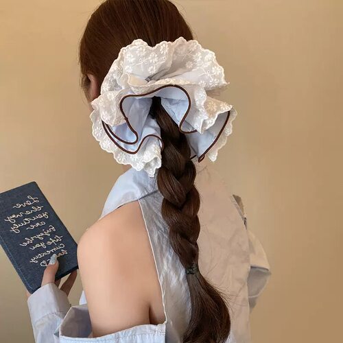 重工韩系蕾丝蝴蝶结大肠发圈女高级感丸子头慵懒风发饰头绳新款