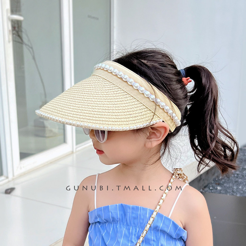 珍珠发箍女童遮阳帽亲子儿童防晒帽草帽夏季宝宝太阳帽空顶帽小孩