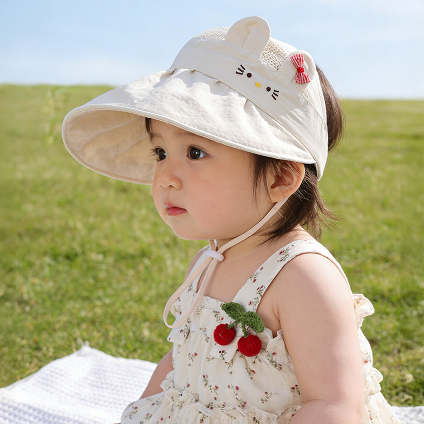 婴儿防晒帽宝宝帽子夏季女童空顶帽猫咪儿童遮阳帽网眼透气遮阳帽