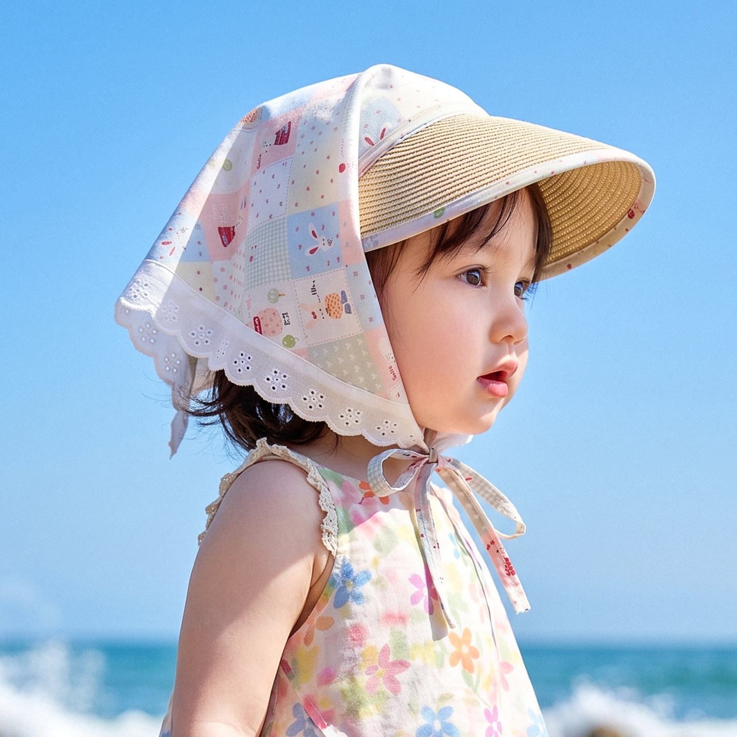 儿童防晒帽女童草帽夏季头巾宝宝帽子遮阳帽发箍女孩公主帽亲子款