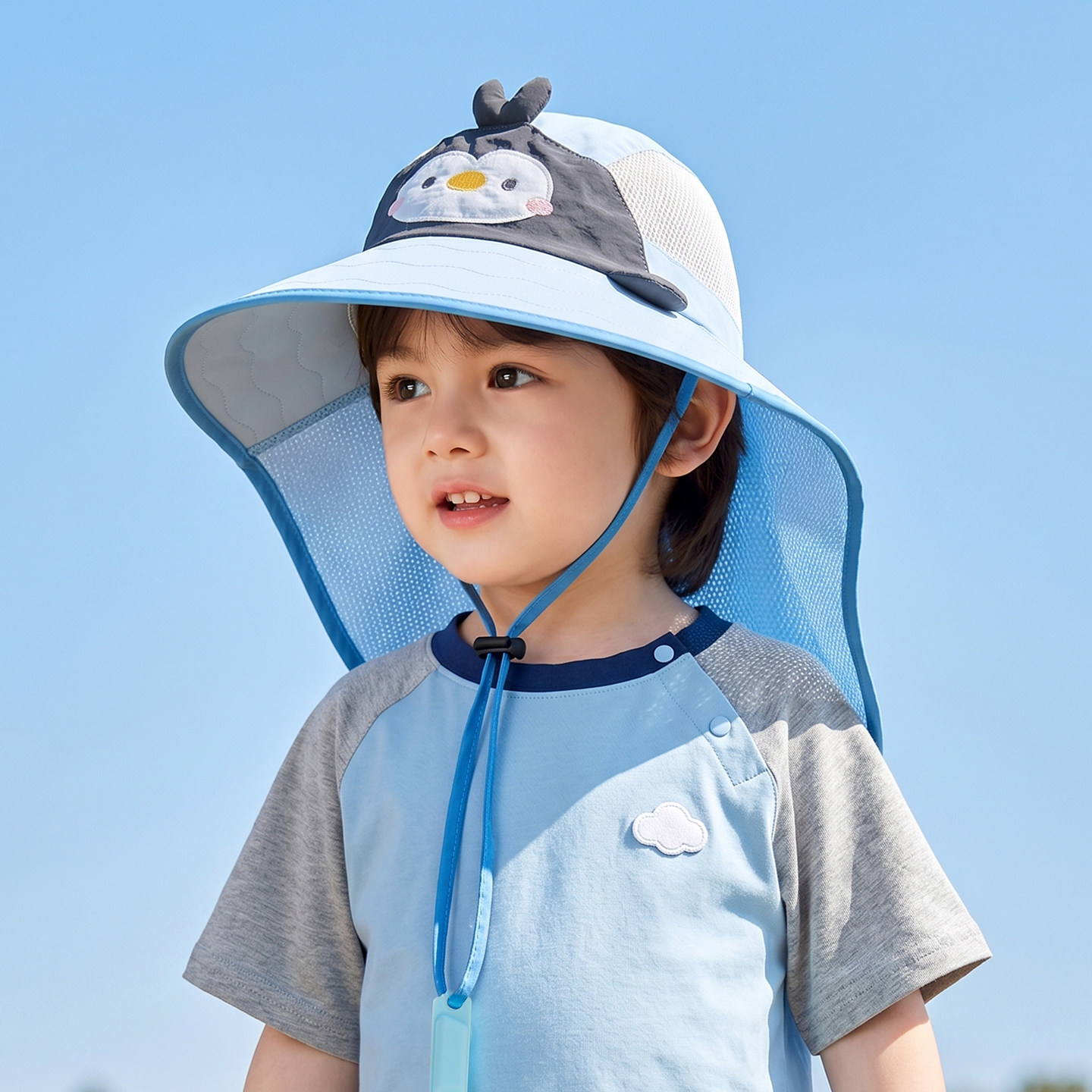 儿童防晒帽夏季男童遮阳帽企鹅宝宝帽子网眼透气女童太阳帽披肩帽
