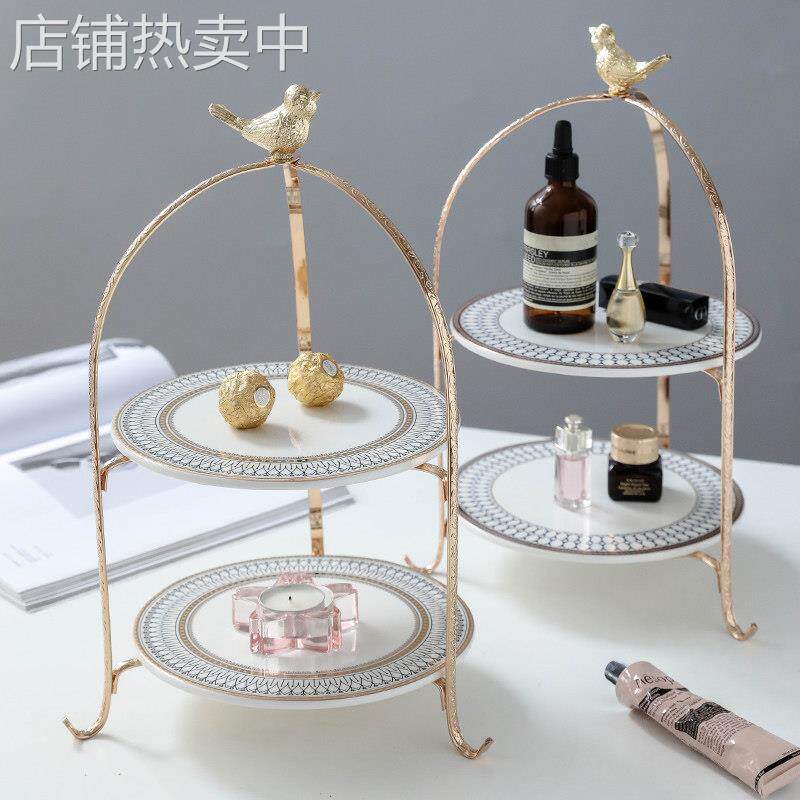 6JN欧式双层甜品台轻奢金色三层蛋糕点心架西餐盘摆台家用茶歇置
