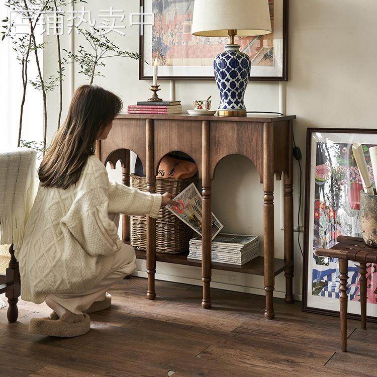 法式复古实木玄关台新古典棕色隔断入户靠墙储物柜全实木玄关台