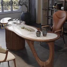 新中式黑胡桃实木茶桌椅组合带岩板轻奢办公室别墅设计师高端定制