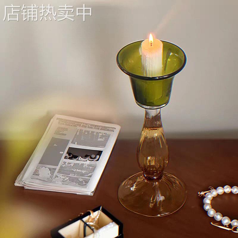 中古透明头烛台 小众玻璃品质轻奢绿色装饰香薰底座摆件