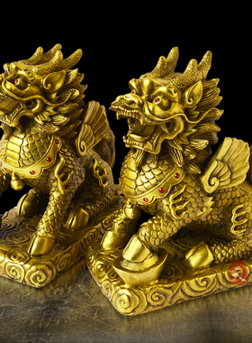 纯铜麒麟摆件一对大号客厅Q酒柜装饰品麒麟