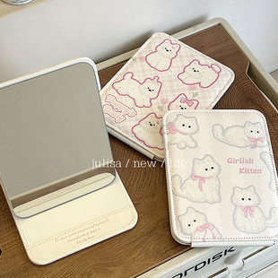 原创自制pu桌面化妆镜蝴蝶结西高地小狗折叠镜子线条小猫咪补妆镜