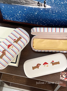 原创自制插画帽子小狗近视眼镜盒腊肠狗皮革便携眼镜收纳盒情侣款