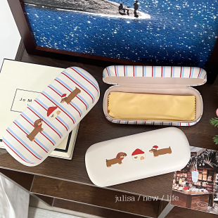 原创自制插画帽子小狗近视眼镜盒腊肠狗皮革便携眼镜收纳盒情侣款