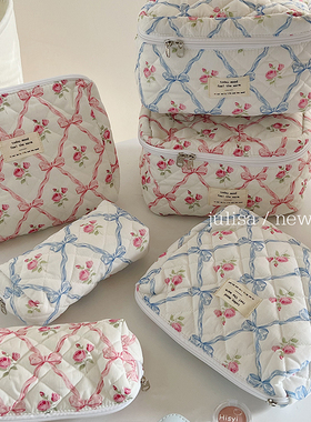 定制1:1韩国面料蓝色蝴蝶结小碎花手提化妆包旅行便携洗漱袋笔袋