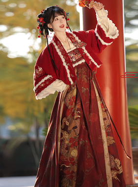 云麓集原创新款唐制汉服女改良齐胸襦裙日常秋冬加绒短袄套装