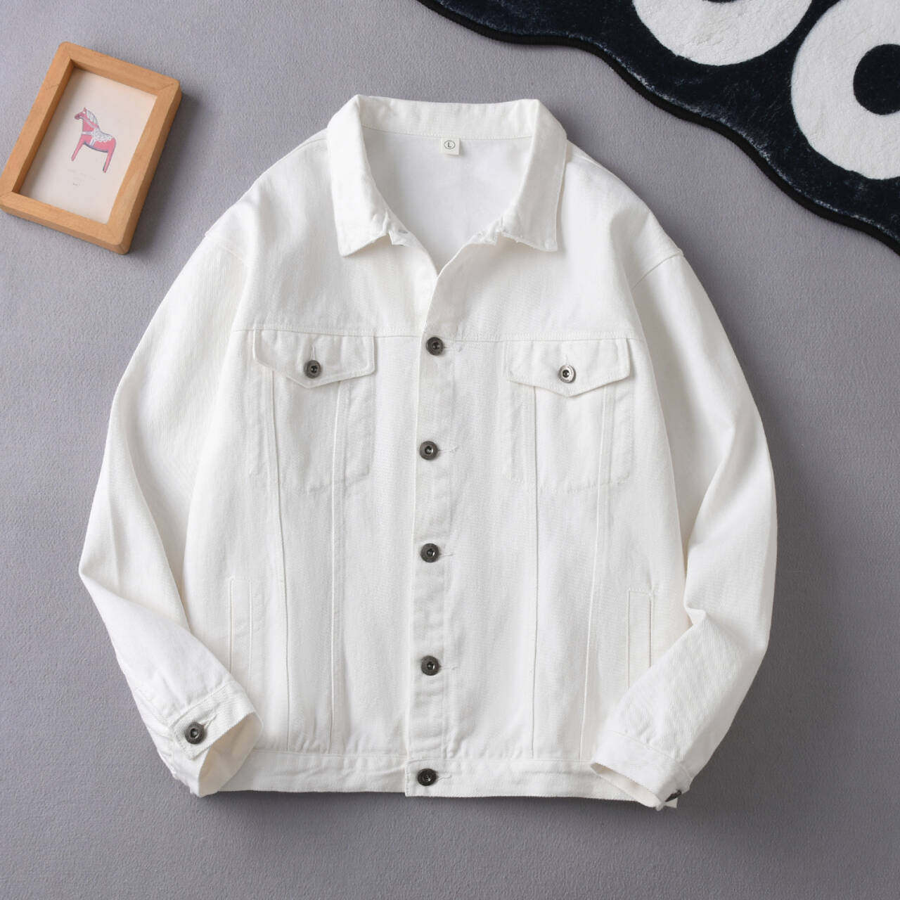 感白色牛仔外套女春秋季复古宽松短款上衣潮流休闲工装夹克男