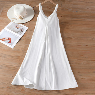 可扎染温柔风V领纯白吊带连衣裙女休闲压褶海边度假风长裙子白胚