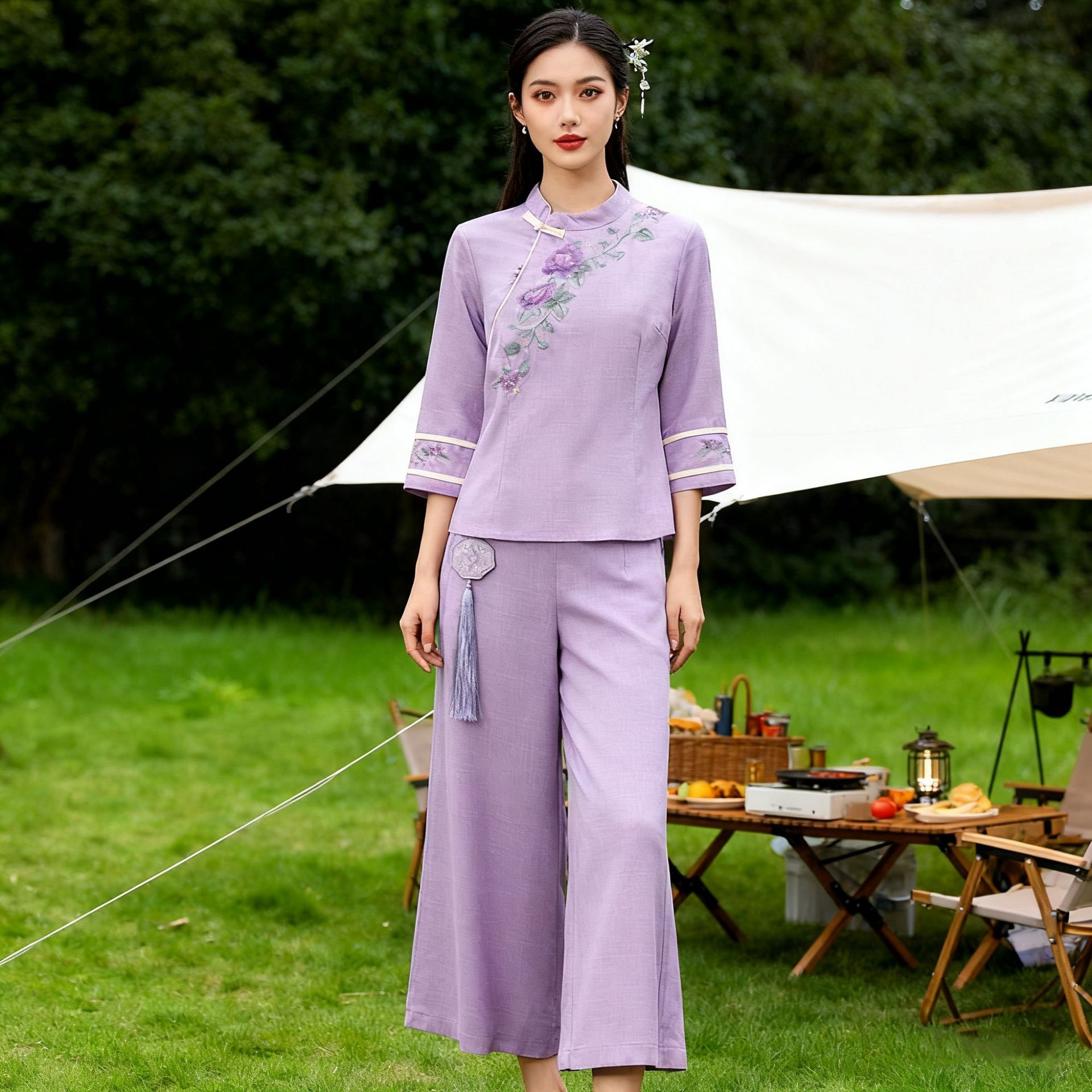 新中式淡雅刺绣七分袖立领盘扣上衣春夏流苏百搭阔腿裤两件套
