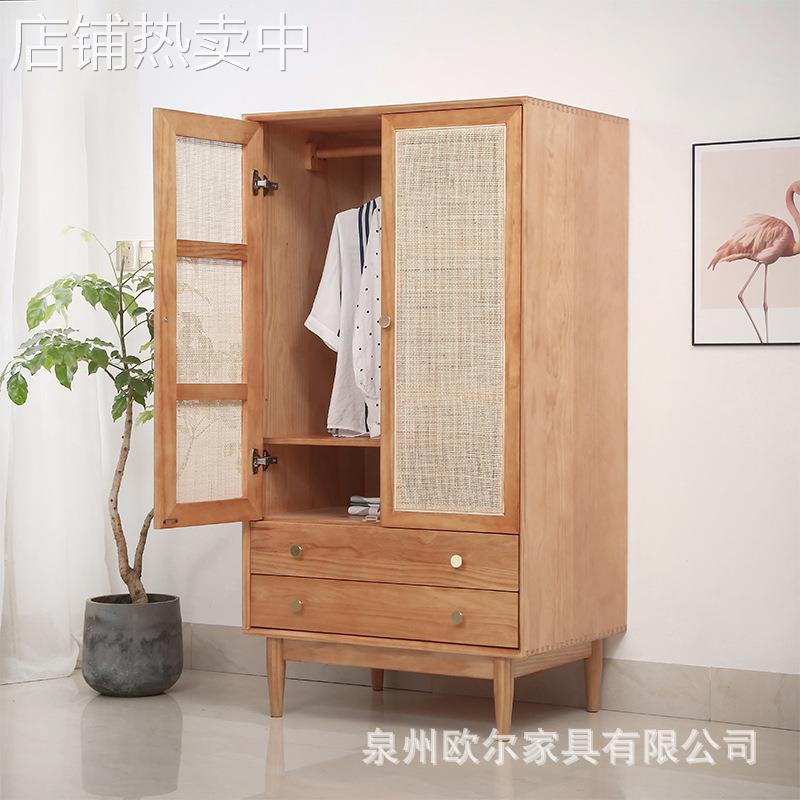 北欧实木藤编衣柜 卧室小户型儿童储物柜 酒店民宿双开门收纳衣橱