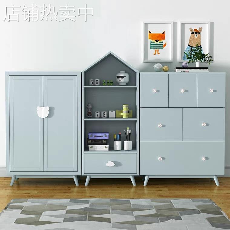 美式ins实木儿童组合衣柜简约书柜落地书架可爱置物斗柜收纳柜子