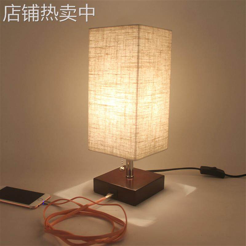 跨境USB手机电脑充电麻布台灯现代简约四方床头卧室led小夜灯