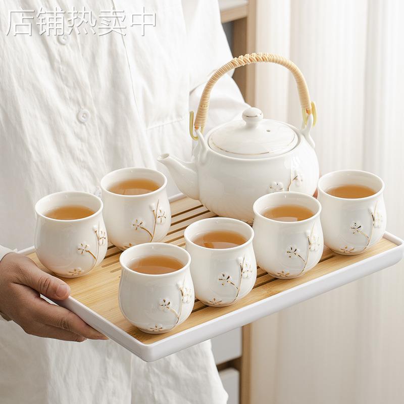 白瓷提梁茶壶茶具套装现代家用简约轻奢陶瓷大号功夫茶杯整套送礼