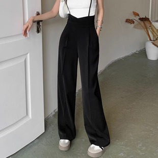 冰丝雪纺西装背带裤女春秋鱼骨高腰直筒休闲裤垂感宽松黑色阔腿裤