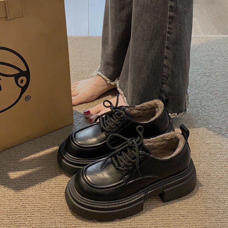 真皮英伦风乐福鞋女2025年新款秋冬季加绒鞋子黑色厚底增高小皮鞋