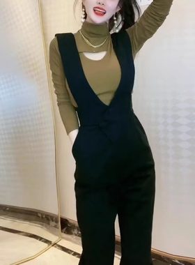 黑色背带裤女春秋季新款韩版气质时尚洋气减龄小个子休闲九分裤潮