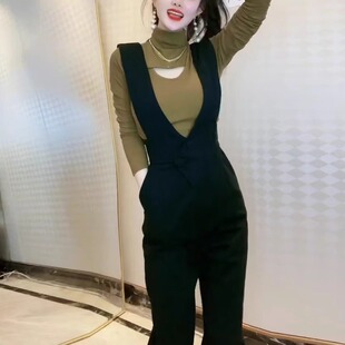 黑色背带裤女春秋季新款韩版气质时尚洋气减龄小个子休闲九分裤潮