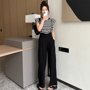 夏季薄款冰丝阔腿裤女春秋装2025新款黑色时尚休闲简约直筒背带裤