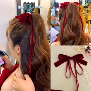 新娘发饰酒红色丝绒蝴蝶结发夹飘带顶夹敬酒服配饰新年复古优雅女