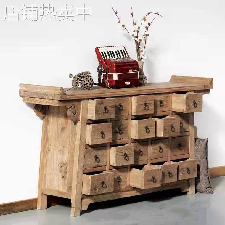 中式老榆木餐边柜斗柜禅意多格收纳储物柜免漆自然纹理墙边斗柜