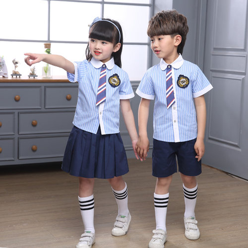 蓝色条纹学院风夏季儿童校服套装