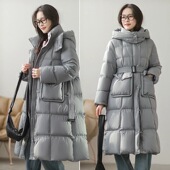 竖插口袋豆腐分割显瘦修身 腰带长款 羽绒服女