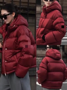 欧洲站巨厚缎面玫瑰红90白鹅绒短款栗子羽绒服2025新款面包服外套