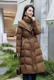 1/27 咖色大翻领修身收腰显瘦90白鹅绒羽绒服女长裤
