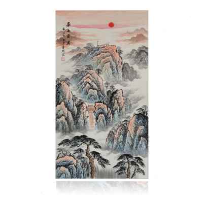 国画泰山日出图纯手工原稿办公室靠山画有山无水风水画竖版中式