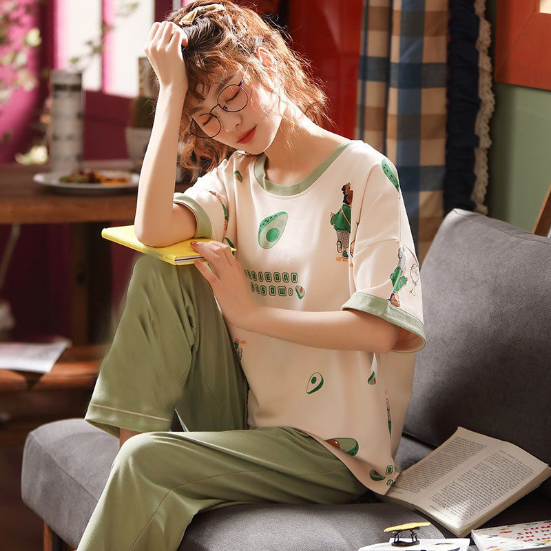 3纯棉睡衣女士短袖长裤夏季两件套装薄款大码可爱甜美可外穿家居服